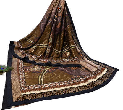 Rare Vintage Brown Pure Satin Silk Saree Embroidered Versace print Fabric 6 Yard Sari Bollywood Party Wear Designer Saree with blouse fabric
