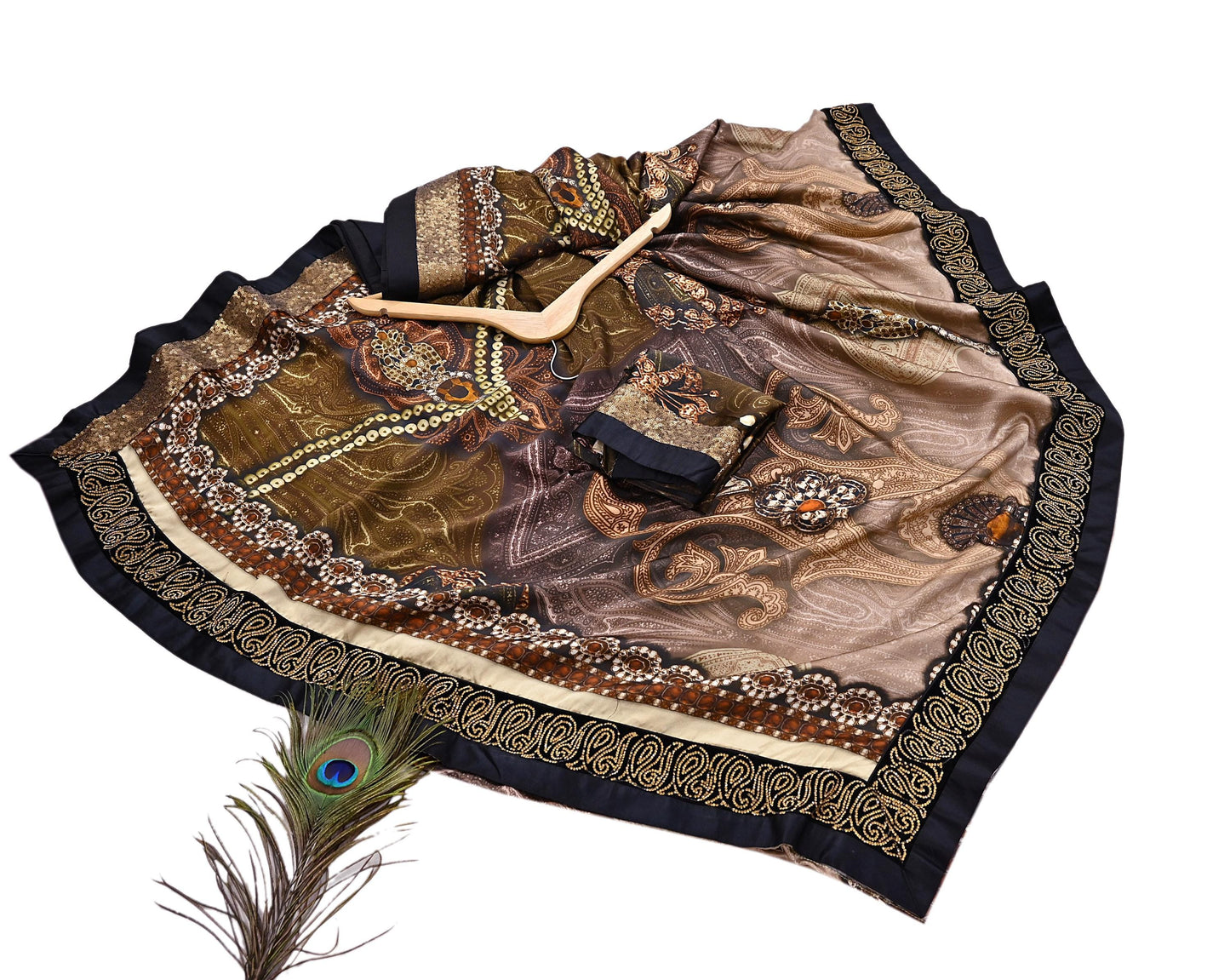 Rare Vintage Brown Pure Satin Silk Saree Embroidered Versace print Fabric 6 Yard Sari Bollywood Party Wear Designer Saree with blouse fabric