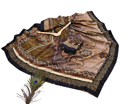 Rare Vintage Brown Pure Satin Silk Saree Embroidered Versace print Fabric 6 Yard Sari Bollywood Party Wear Designer Saree with blouse fabric
