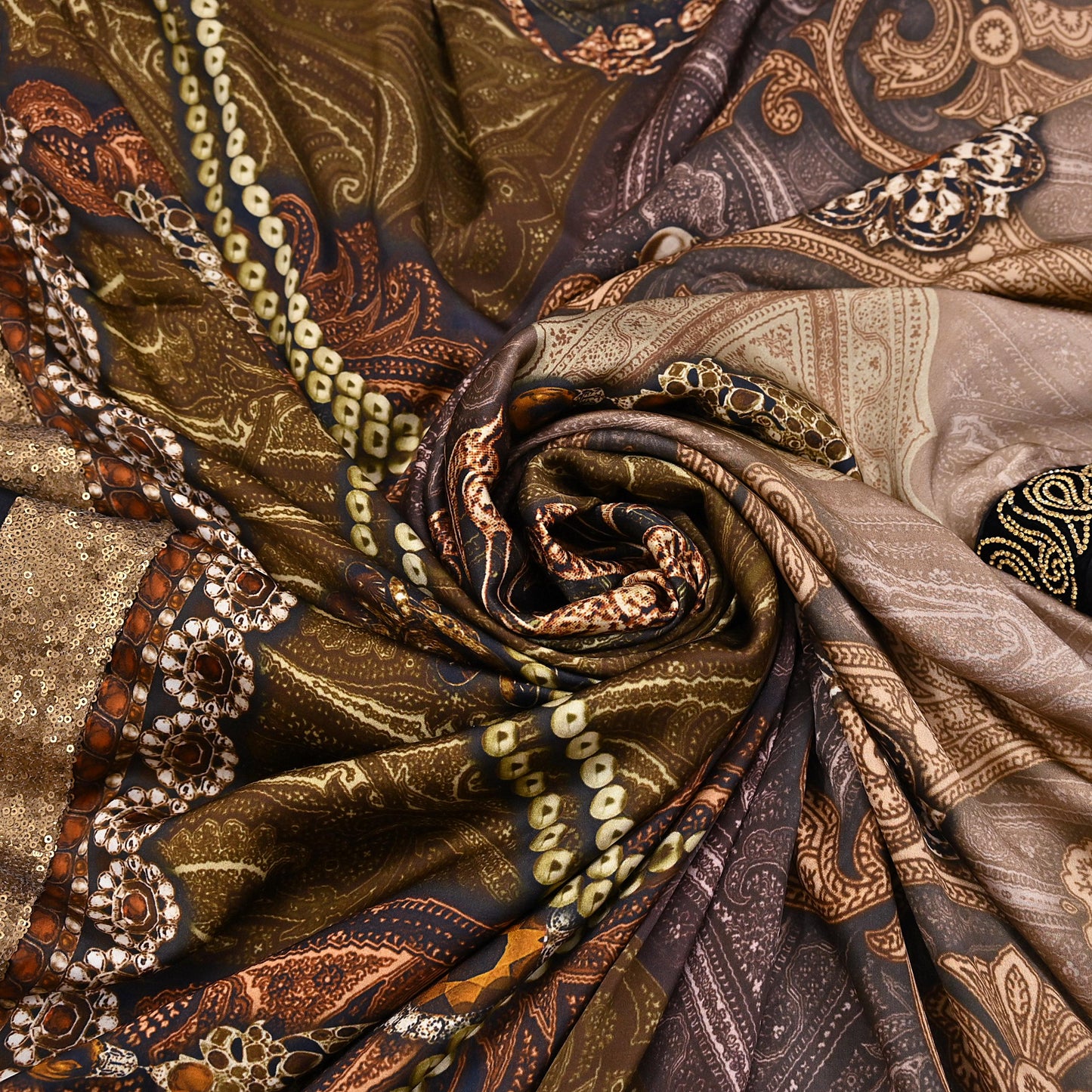 Rare Vintage Brown Pure Satin Silk Saree Embroidered Versace print Fabric 6 Yard Sari Bollywood Party Wear Designer Saree with blouse fabric