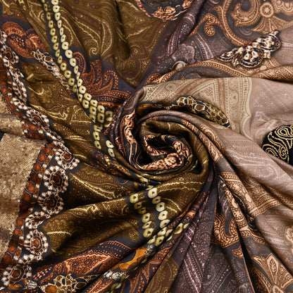 Rare Vintage Brown Pure Satin Silk Saree Embroidered Versace print Fabric 6 Yard Sari Bollywood Party Wear Designer Saree with blouse fabric
