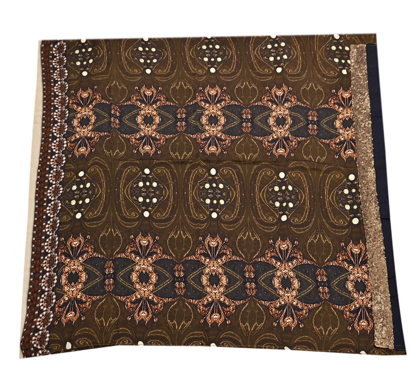 Rare Vintage Brown Pure Satin Silk Saree Embroidered Versace print Fabric 6 Yard Sari Bollywood Party Wear Designer Saree with blouse fabric