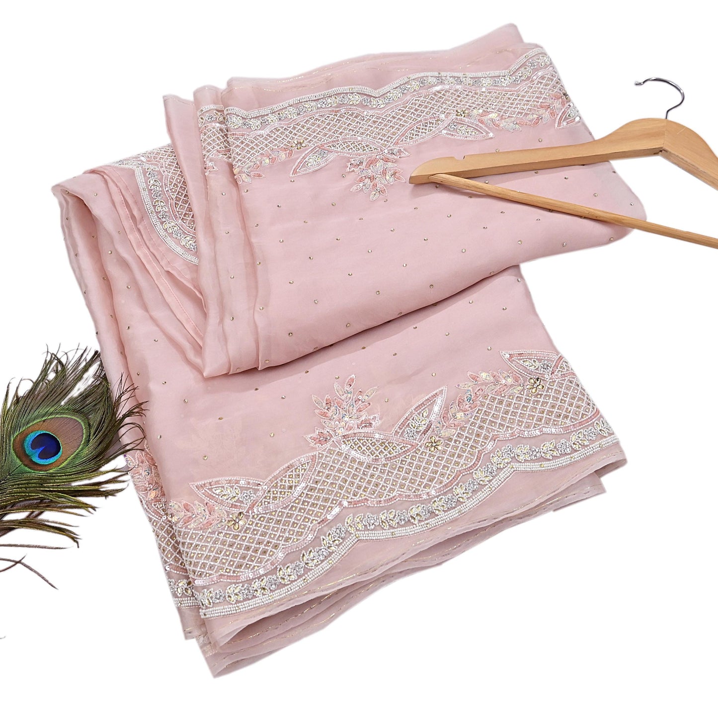 Rare Vintage Pink Pure Organza Silk Saree Zardozi Hand Embroidered Designer Sari 6 Yard Bollywood Party Wear