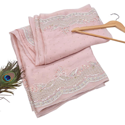 Rare Vintage Pink Pure Organza Silk Saree Zardozi Hand Embroidered Designer Sari 6 Yard Bollywood Party Wear