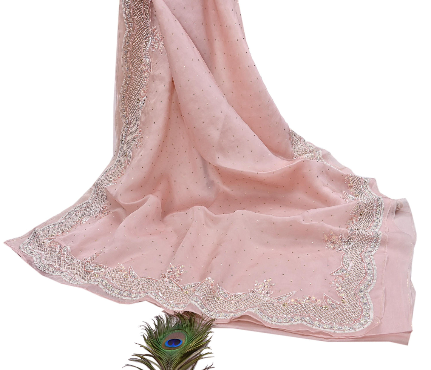 Rare Vintage Pink Pure Organza Silk Saree Zardozi Hand Embroidered Designer Sari 6 Yard Bollywood Party Wear