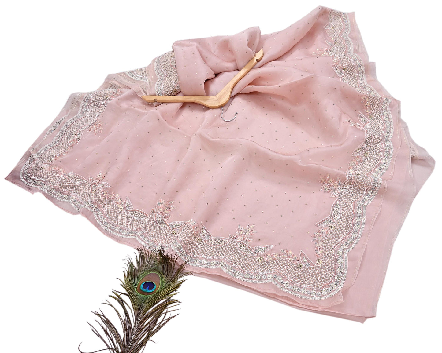 Rare Vintage Pink Pure Organza Silk Saree Zardozi Hand Embroidered Designer Sari 6 Yard Bollywood Party Wear