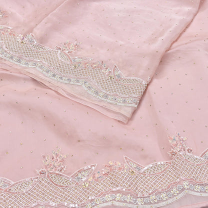 Rare Vintage Pink Pure Organza Silk Saree Zardozi Hand Embroidered Designer Sari 6 Yard Bollywood Party Wear