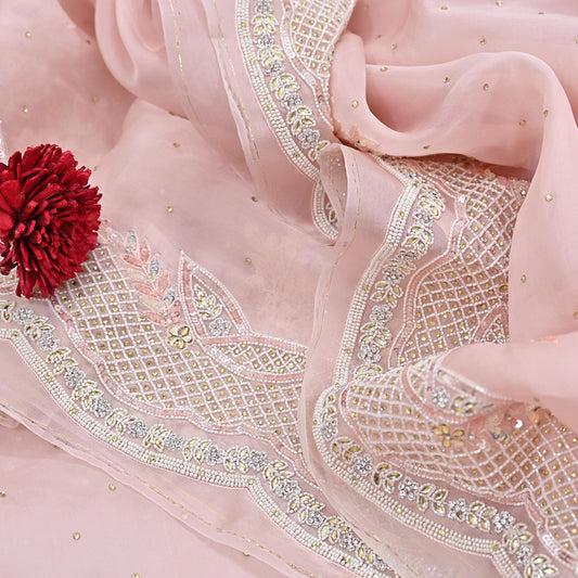 Rare Vintage Pink Pure Organza Silk Saree Zardozi Hand Embroidered Designer Sari 6 Yard Bollywood Party Wear