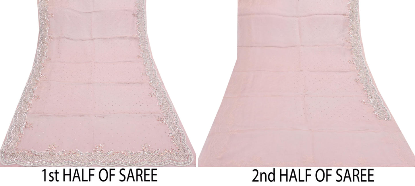 Rare Vintage Pink Pure Organza Silk Saree Zardozi Hand Embroidered Designer Sari 6 Yard Bollywood Party Wear