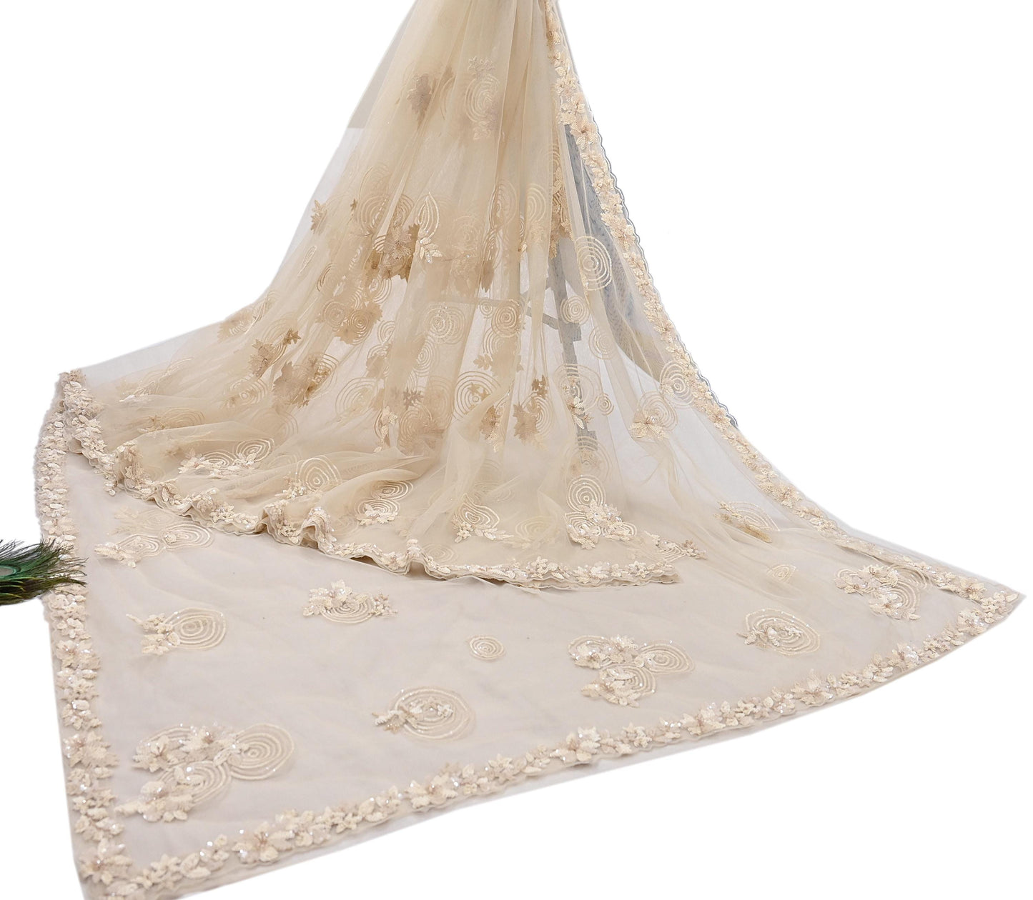 Rare Ivory Net Saree Hand Embroidered Designer Anamika Khanna Sari 6 Yard Bollywood Party Wear
