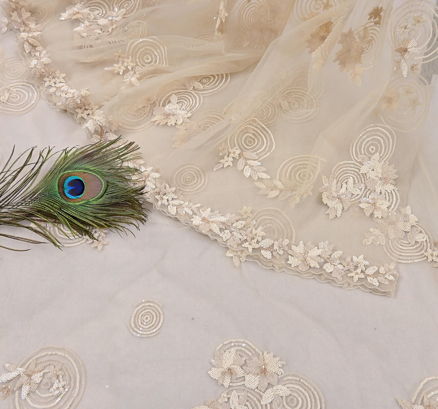 Rare Ivory Net Saree Hand Embroidered Designer Anamika Khanna Sari 6 Yard Bollywood Party Wear