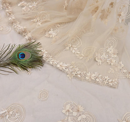Rare Ivory Net Saree Hand Embroidered Designer Anamika Khanna Sari 6 Yard Bollywood Party Wear