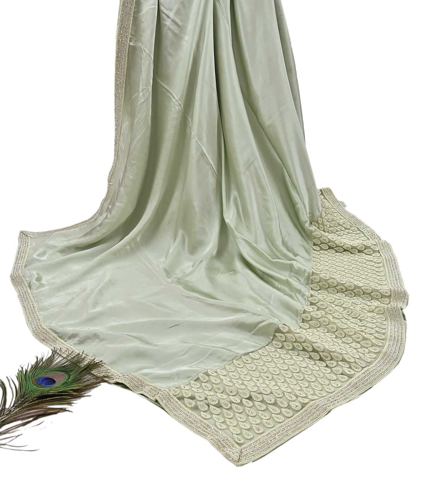 Rare Vintage Green Pure Satin Silk Saree Hand Embroidered Fabric 5.5 Yards Sari Bollywood Party Wear Ethnic Designer Saree