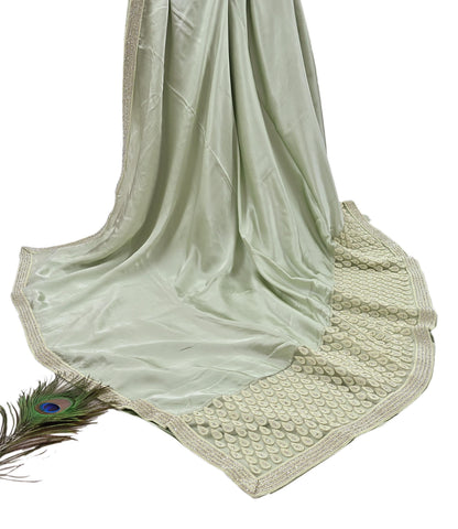 Rare Vintage Green Pure Satin Silk Saree Hand Embroidered Fabric 5.5 Yards Sari Bollywood Party Wear Ethnic Designer Saree