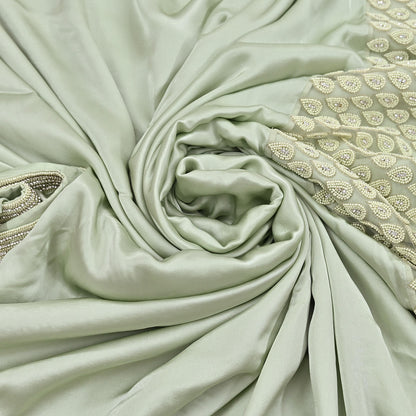 Rare Vintage Green Pure Satin Silk Saree Hand Embroidered Fabric 5.5 Yards Sari Bollywood Party Wear Ethnic Designer Saree
