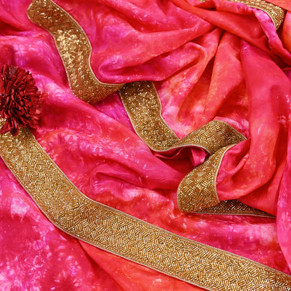 Rare Vintage Orange & Pink Pure Silk Saree Hand Embroidered Tie dye Fabric 5.5 Yards Sari Bollywood Party Wear Ethnic Designer Saree