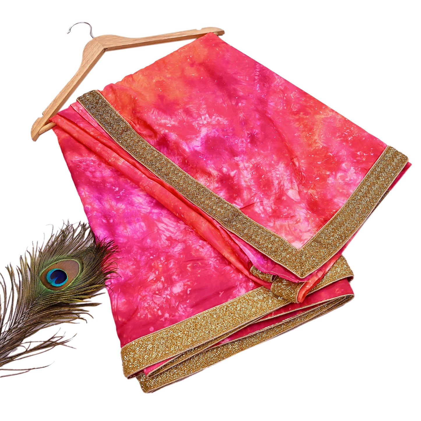 Rare Vintage Orange & Pink Pure Silk Saree Hand Embroidered Tie dye Fabric 5.5 Yards Sari Bollywood Party Wear Ethnic Designer Saree
