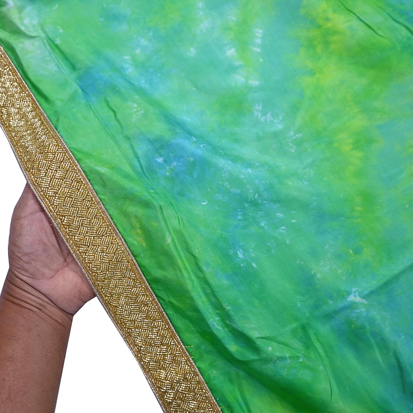 Rare Vintage Green & Blue Pure Silk Saree Hand Embroidered Tie dye Fabric 6 Yards Sari Bollywood Party Wear Ethnic Designer Saree