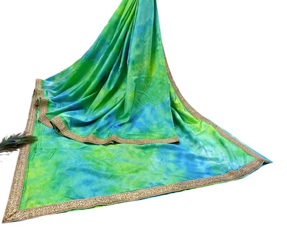Rare Vintage Green & Blue Pure Silk Saree Hand Embroidered Tie dye Fabric 6 Yards Sari Bollywood Party Wear Ethnic Designer Saree