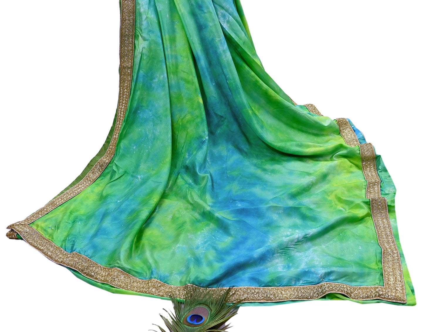 Rare Vintage Green & Blue Pure Silk Saree Hand Embroidered Tie dye Fabric 6 Yards Sari Bollywood Party Wear Ethnic Designer Saree