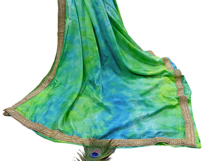 Rare Vintage Green & Blue Pure Silk Saree Hand Embroidered Tie dye Fabric 6 Yards Sari Bollywood Party Wear Ethnic Designer Saree