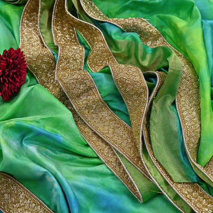 Rare Vintage Green & Blue Pure Silk Saree Hand Embroidered Tie dye Fabric 6 Yards Sari Bollywood Party Wear Ethnic Designer Saree