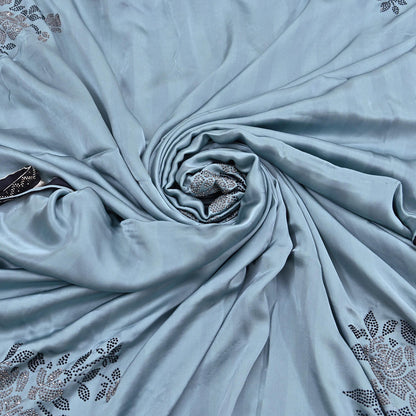 Rare Vintage Gray & White Pure Satin Silk Saree Hand Embroidered Fabric 5.5 Yards Sari Bollywood Party Wear Ethnic Saree with Blouse Fabric