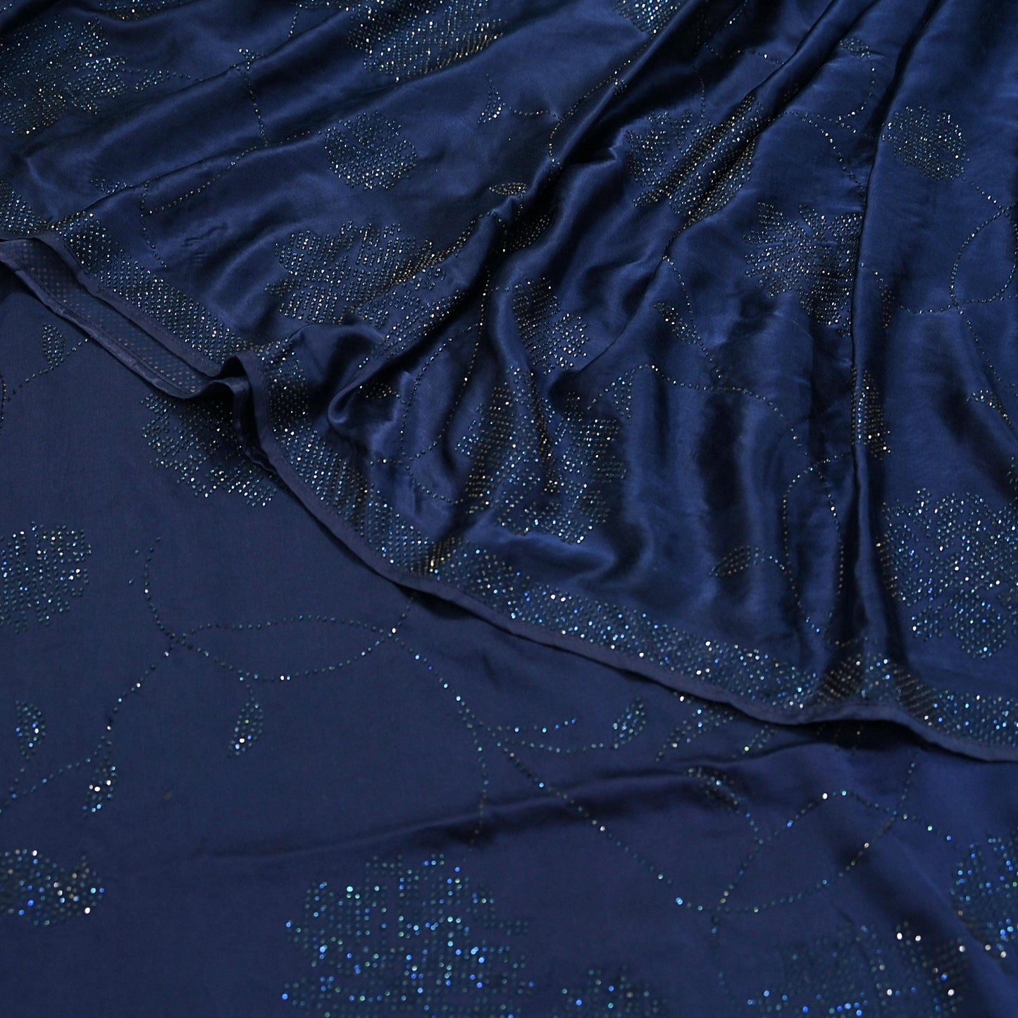 Rare Vintage Blue Pure Satin Silk Saree Hand Embroidered Fabric 5.5 Yards Sari Bollywood Party Wear Ethnic Designer Saree