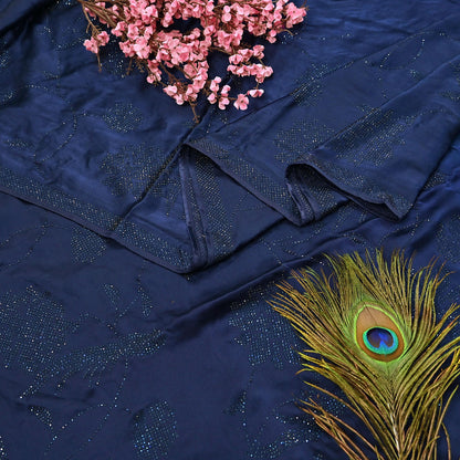 Rare Vintage Blue Pure Satin Silk Saree Hand Embroidered Fabric 5.5 Yards Sari Bollywood Party Wear Ethnic Designer Saree