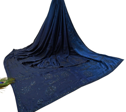 Rare Vintage Blue Pure Satin Silk Saree Hand Embroidered Fabric 5.5 Yards Sari Bollywood Party Wear Ethnic Designer Saree
