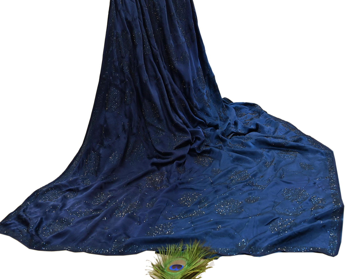 Rare Vintage Blue Pure Satin Silk Saree Hand Embroidered Fabric 5.5 Yards Sari Bollywood Party Wear Ethnic Designer Saree
