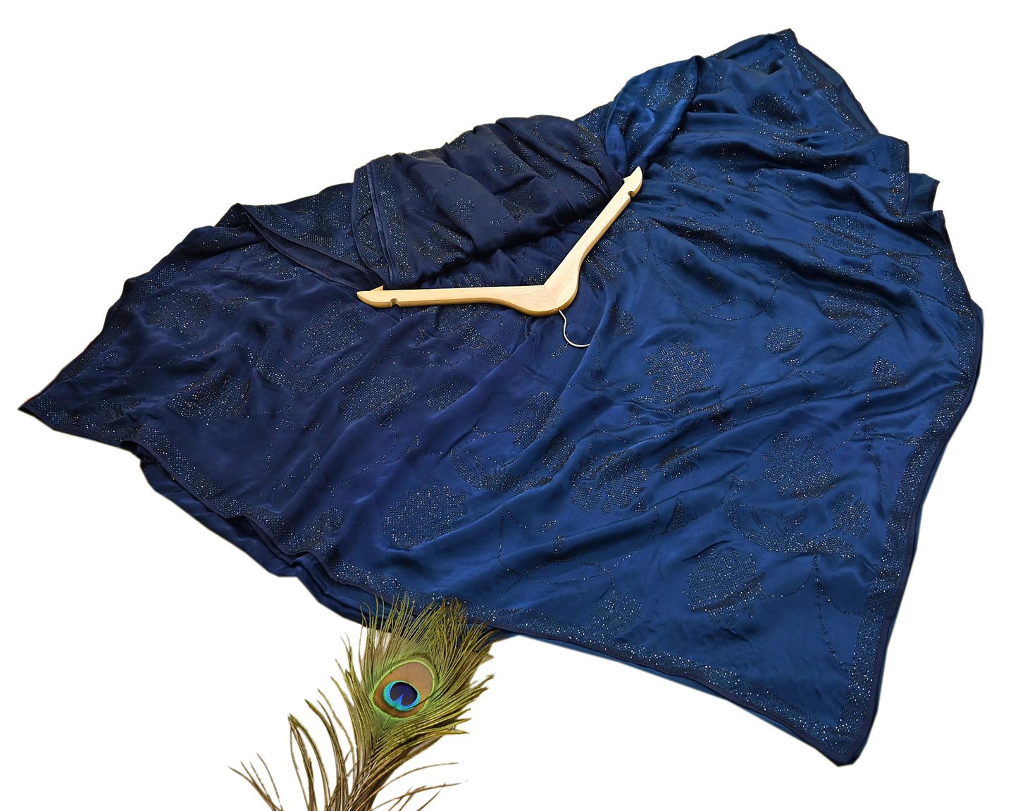 Rare Vintage Blue Pure Satin Silk Saree Hand Embroidered Fabric 5.5 Yards Sari Bollywood Party Wear Ethnic Designer Saree