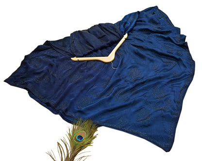 Rare Vintage Blue Pure Satin Silk Saree Hand Embroidered Fabric 5.5 Yards Sari Bollywood Party Wear Ethnic Designer Saree