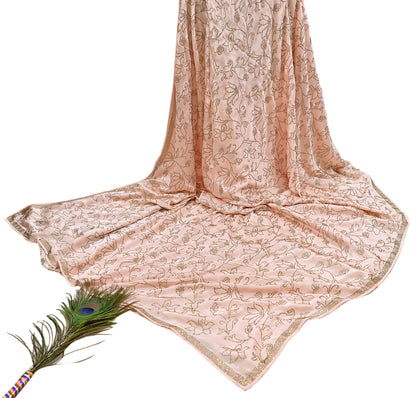 Rare Vintage Peach Pure Satin Silk Saree Hand Embroidered Fabric 5.5 Yards Sari Bollywood Party Wear Ethnic Saree with blouse fabric