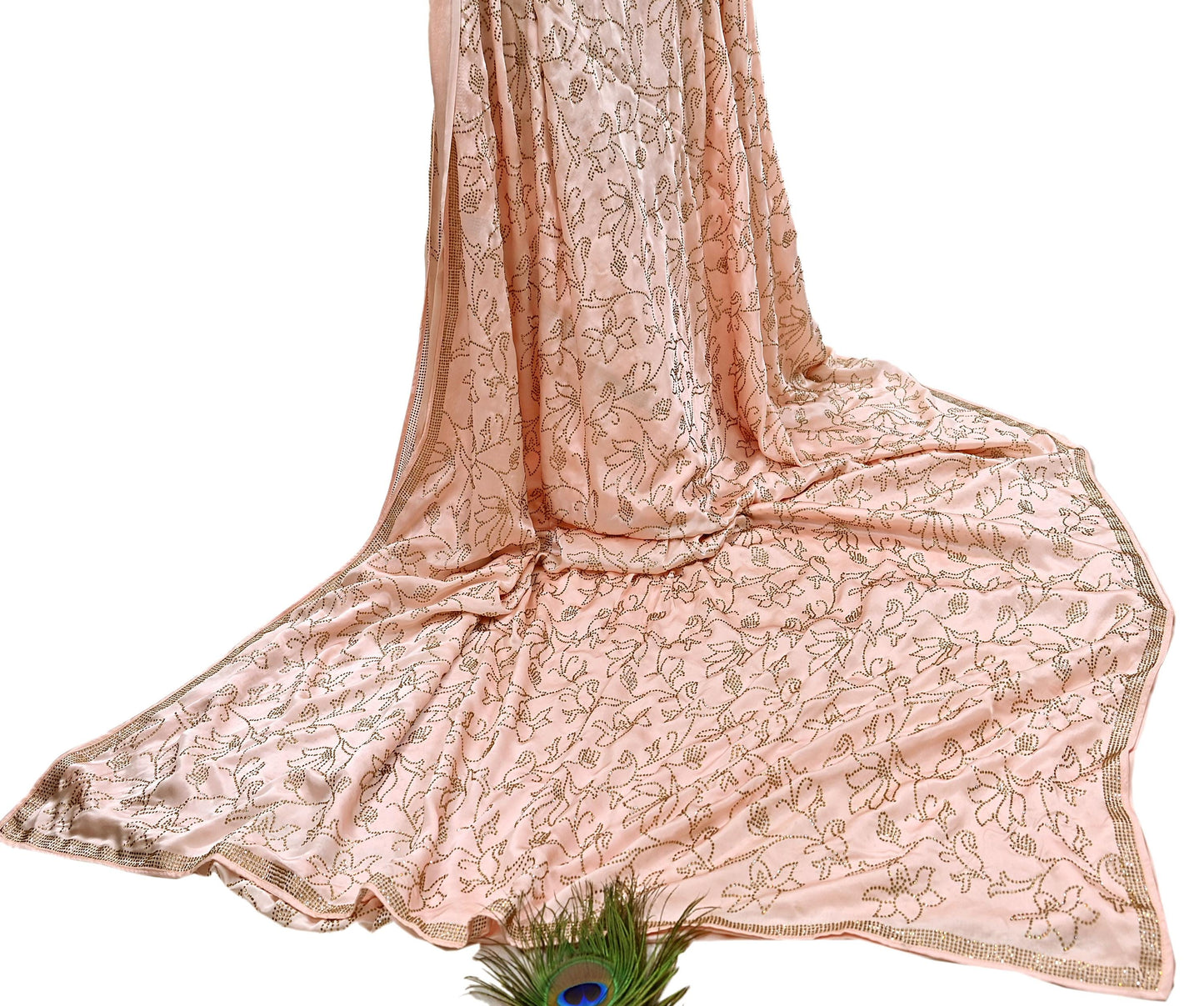 Rare Vintage Peach Pure Satin Silk Saree Hand Embroidered Fabric 5.5 Yards Sari Bollywood Party Wear Ethnic Saree with blouse fabric