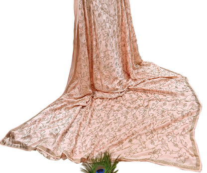 Rare Vintage Peach Pure Satin Silk Saree Hand Embroidered Fabric 5.5 Yards Sari Bollywood Party Wear Ethnic Saree with blouse fabric