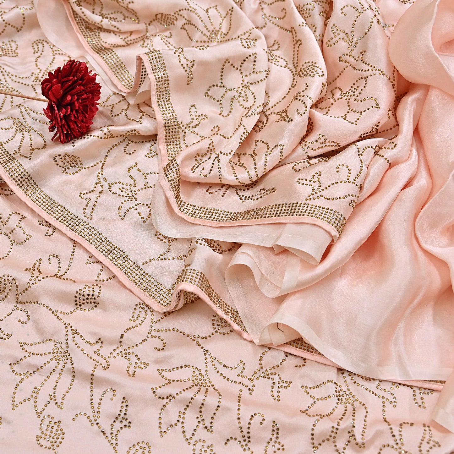 Rare Vintage Peach Pure Satin Silk Saree Hand Embroidered Fabric 5.5 Yards Sari Bollywood Party Wear Ethnic Saree with blouse fabric