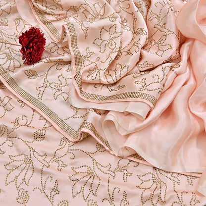 Rare Vintage Peach Pure Satin Silk Saree Hand Embroidered Fabric 5.5 Yards Sari Bollywood Party Wear Ethnic Saree with blouse fabric