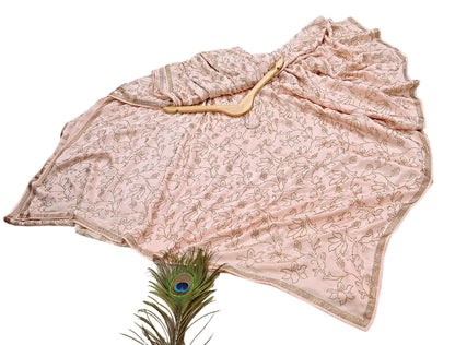 Rare Vintage Peach Pure Satin Silk Saree Hand Embroidered Fabric 5.5 Yards Sari Bollywood Party Wear Ethnic Saree with blouse fabric