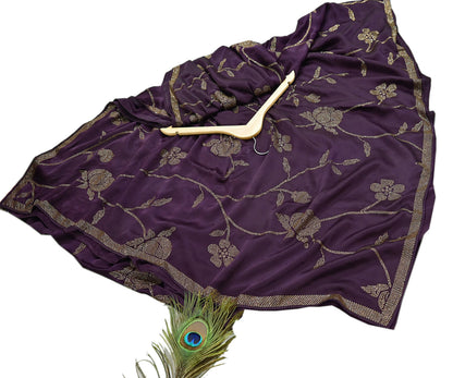 Rare Vintage Purple Pure Satin Silk Saree Hand Embroidered Fabric 5.5 Yards Sari Bollywood Party Wear Ethnic Designer Saree