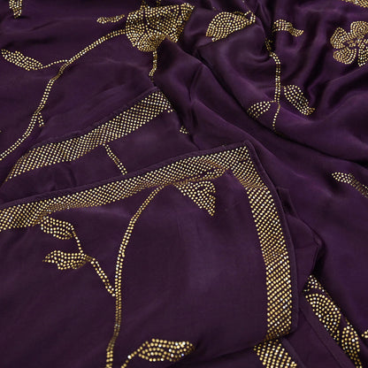 Rare Vintage Purple Pure Satin Silk Saree Hand Embroidered Fabric 5.5 Yards Sari Bollywood Party Wear Ethnic Designer Saree