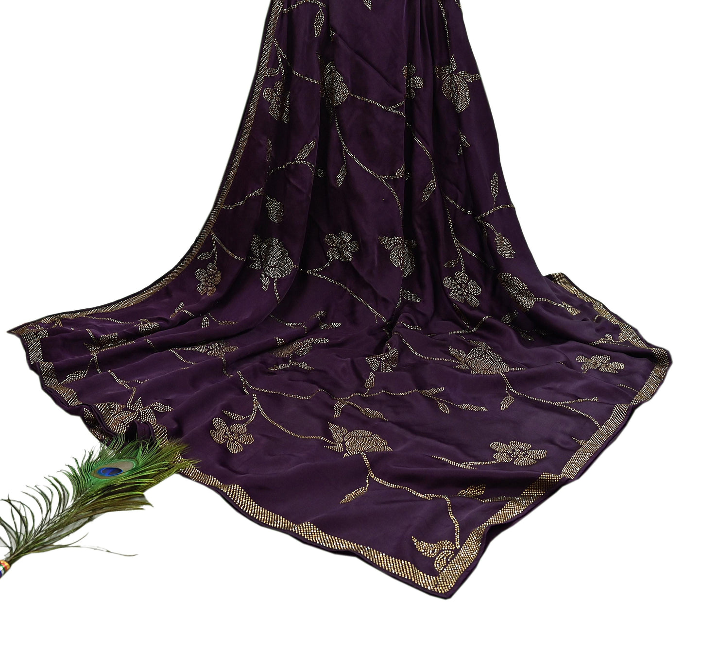 Rare Vintage Purple Pure Satin Silk Saree Hand Embroidered Fabric 5.5 Yards Sari Bollywood Party Wear Ethnic Designer Saree