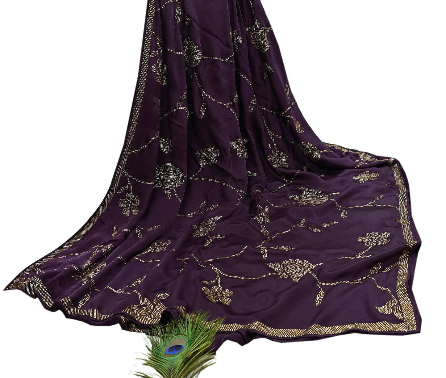 Rare Vintage Purple Pure Satin Silk Saree Hand Embroidered Fabric 5.5 Yards Sari Bollywood Party Wear Ethnic Designer Saree