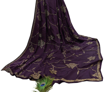 Rare Vintage Purple Pure Satin Silk Saree Hand Embroidered Fabric 5.5 Yards Sari Bollywood Party Wear Ethnic Designer Saree