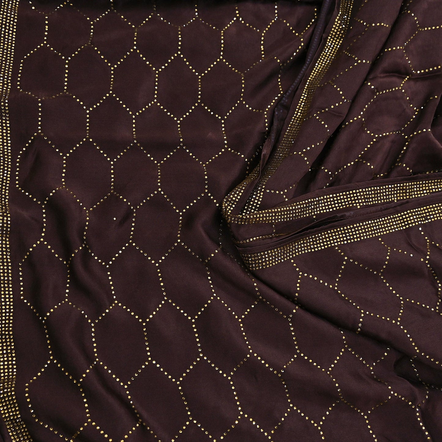 Rare Vintage Brown Pure Satin Silk Saree Hand Embroidered Fabric 5.5 Yards Sari Bollywood Party Wear Ethnic Designer Saree