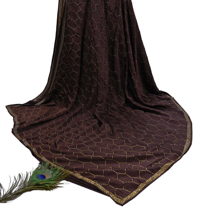 Rare Vintage Brown Pure Satin Silk Saree Hand Embroidered Fabric 5.5 Yards Sari Bollywood Party Wear Ethnic Designer Saree
