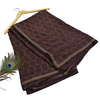 Rare Vintage Brown Pure Satin Silk Saree Hand Embroidered Fabric 5.5 Yards Sari Bollywood Party Wear Ethnic Designer Saree
