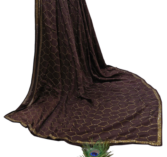 Rare Vintage Brown Pure Satin Silk Saree Hand Embroidered Fabric 5.5 Yards Sari Bollywood Party Wear Ethnic Designer Saree