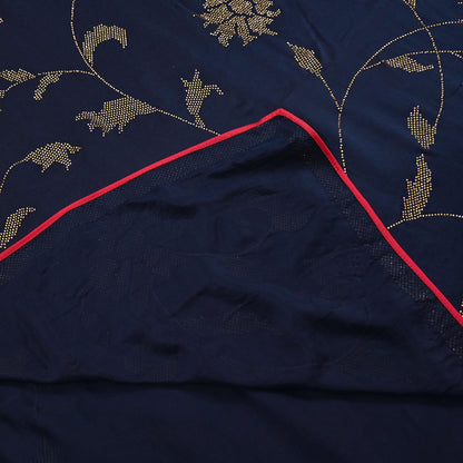 Rare Vintage Blue Pure Satin Silk Saree Hand Embroidered Fabric 6 Yards Sari Bollywood Party Wear Ethnic Designer Saree