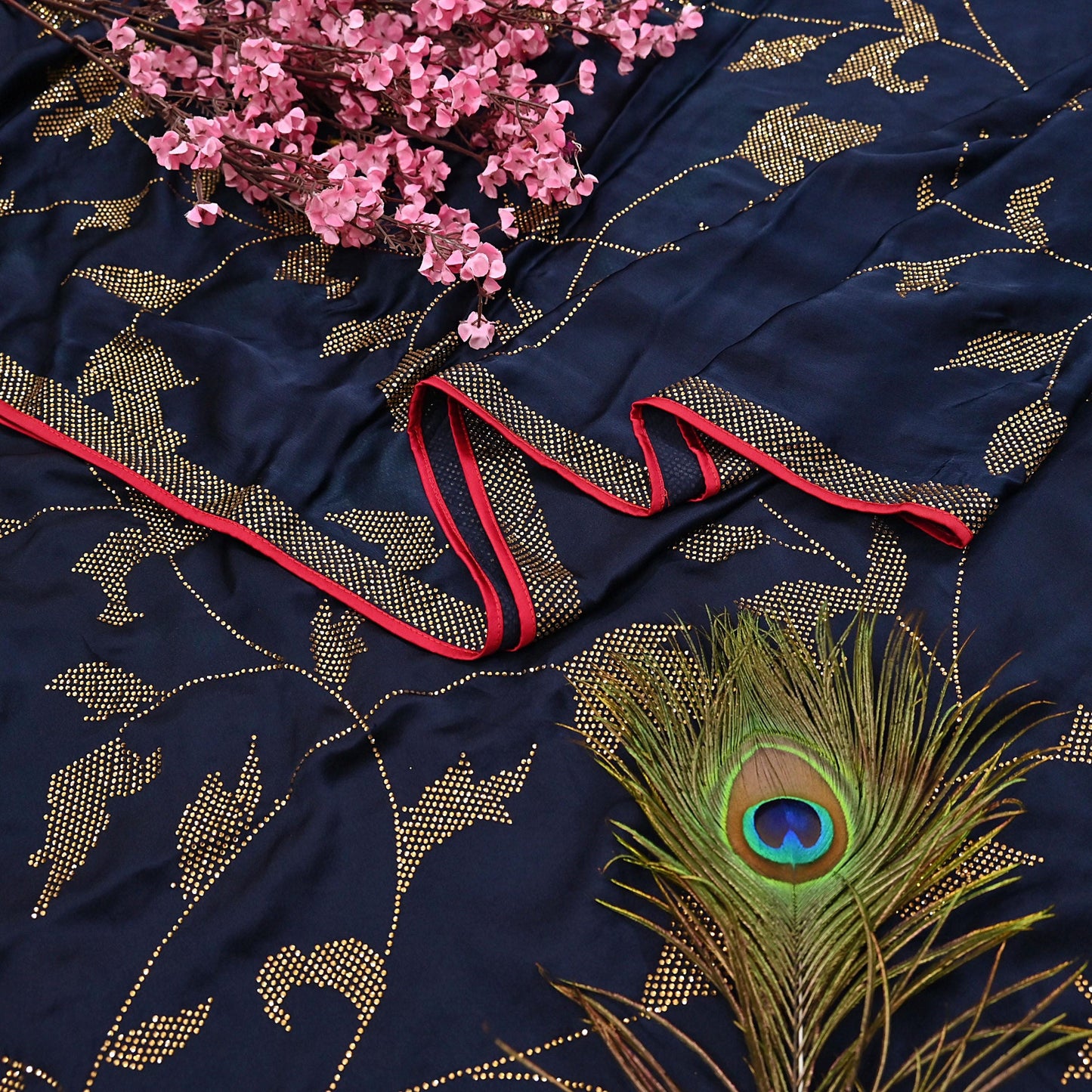 Rare Vintage Blue Pure Satin Silk Saree Hand Embroidered Fabric 6 Yards Sari Bollywood Party Wear Ethnic Designer Saree